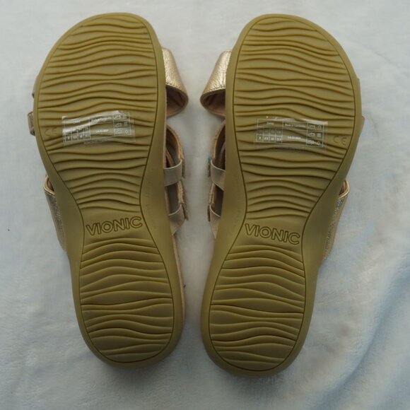 NWOT Vionic Gold Metallic Crisscross Slide Sandals Orthotic Support Womens 9 - Picture 9 of 10